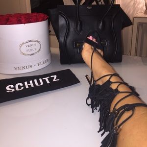 Schutz Fringe Black Leather Sandals